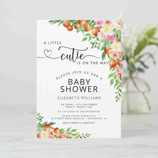 Little Cutie Citrus Botanical Orange Baby Shower Inbjudningar (Stående Fram)