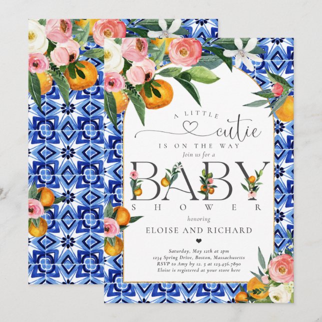 Little Cutie Citrus Botanical Orange Baby Shower Inbjudningar (Fram/baksida)