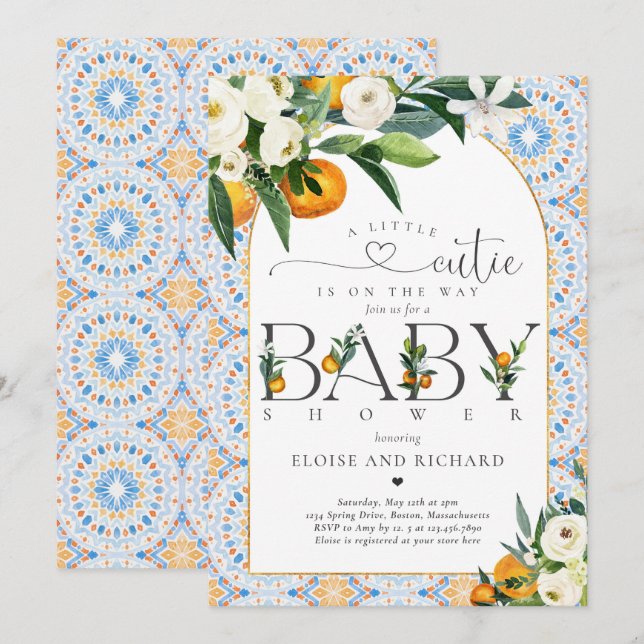 Little Cutie Citrus Botanical Orange Baby Shower Inbjudningar (Fram/baksida)