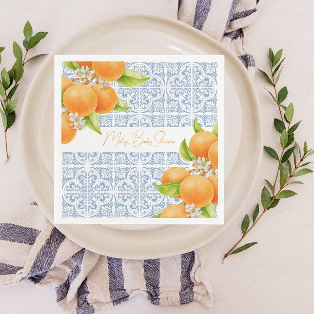 Little Cutie | Citrus Mediterranean Tiles Cute Pappersservett (Little Cutie | Personalized Baby Shower Napkins)