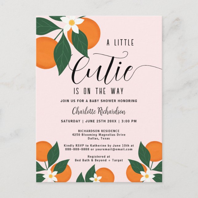 Little Cutie Citrus Orange Baby Shower-inbjudan Vykort (Framsida)