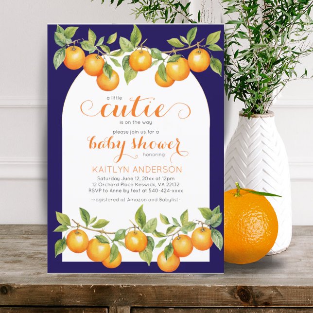 Little Cutie Citrus Orange Navy Blue Baby Shower Inbjudningar (Little Cutie Citrus Orange Clementine Baby Shower Invitation)