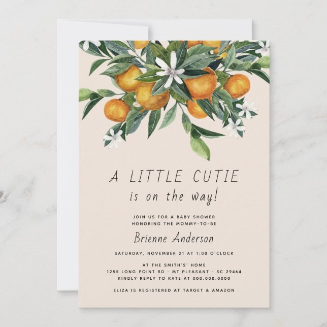 Little Cutie Citrus Orange Neutralt Baby Shower Inbjudningar (Framsida)