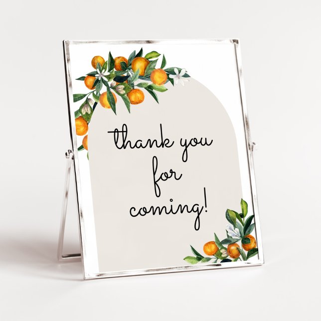 Little Cutie Citrus Orange Tack för att du kom Poster (Gender Neutral Citrus Baby Shower Thank you for Coming Sign)