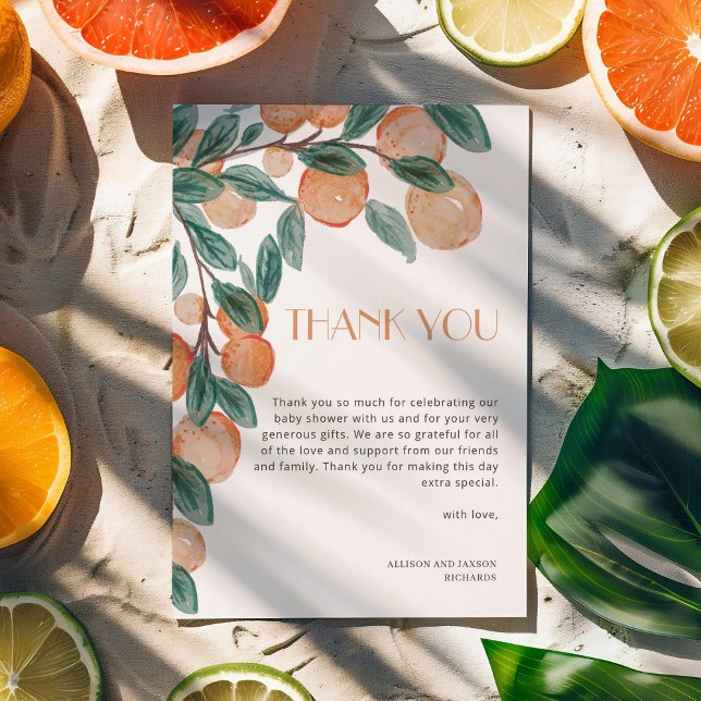 Little Cutie Citrus Oranges Grönt Löv Baby Shower Tack Kort (Skapare uppladdad)