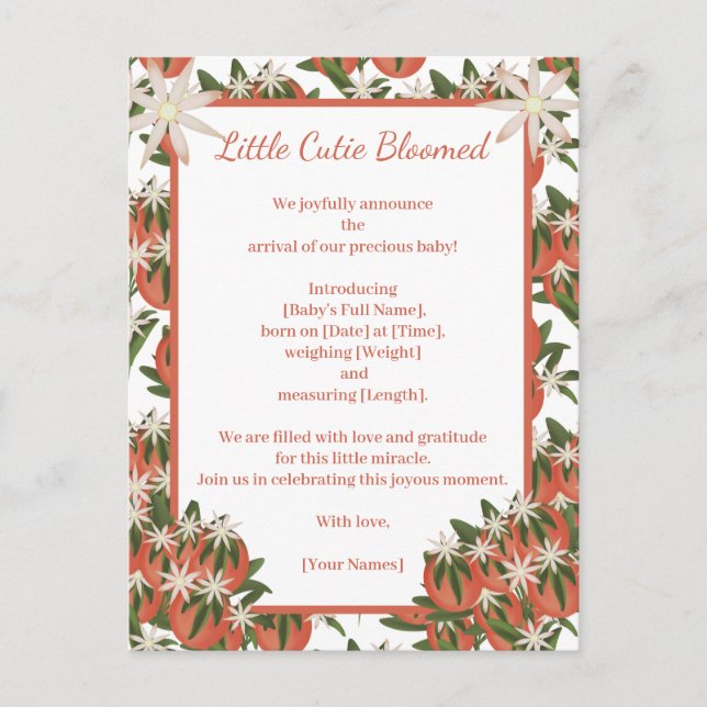 Little Cutie Clementine |Citrus Theme Birth Meddelande Vykort (Framsida)