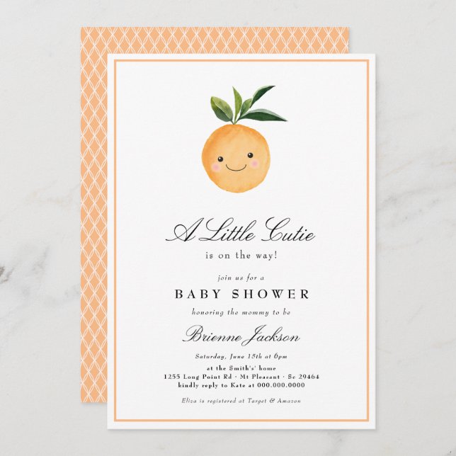 Little Cutie Clementine Orange Modern Baby Shower  Inbjudningar (Fram/baksida)