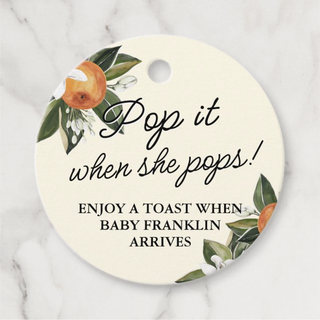 Little Cutie Clementine POP IT BABY Shower Champ Gåvor Etiketter (Framsida)