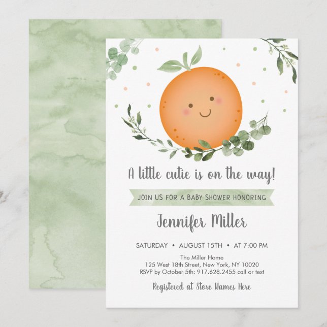 Little Cutie Greenery Neutralt Baby Shower Inbjudningar (Fram/baksida)