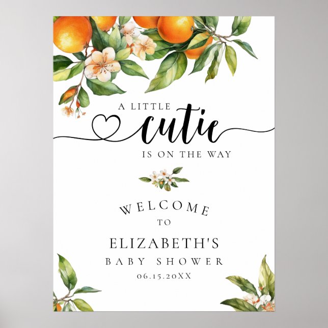 Little Cutie Greenery Orange Baby Shower Välkommen Poster (Framsidan)