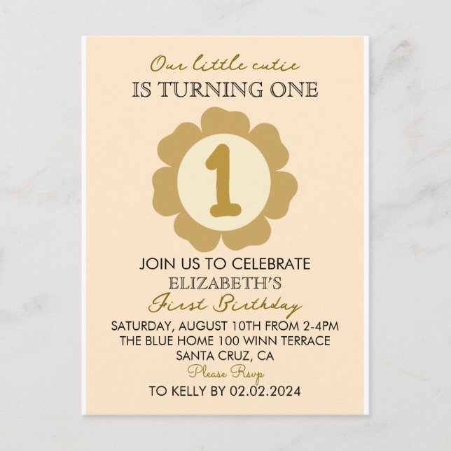 Little Cutie Guld Blommigt 1:a födelsedagsinbjudan Helg Vykort (Framsida)