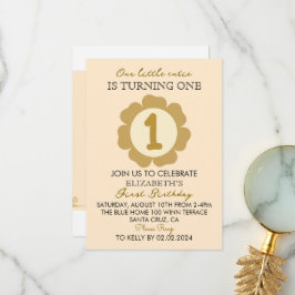 Little Cutie Guld Blommigt 1:a födelsedagsinbjudan Tack Kort
