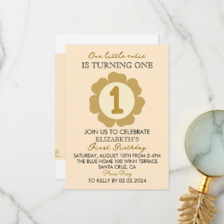 Little Cutie Guld Blommigt 1:a födelsedagsinbjudan Tack Kort