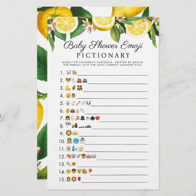 Little Cutie Lemon Citrus Baby Shower Emoji Game (Fram/baksida)