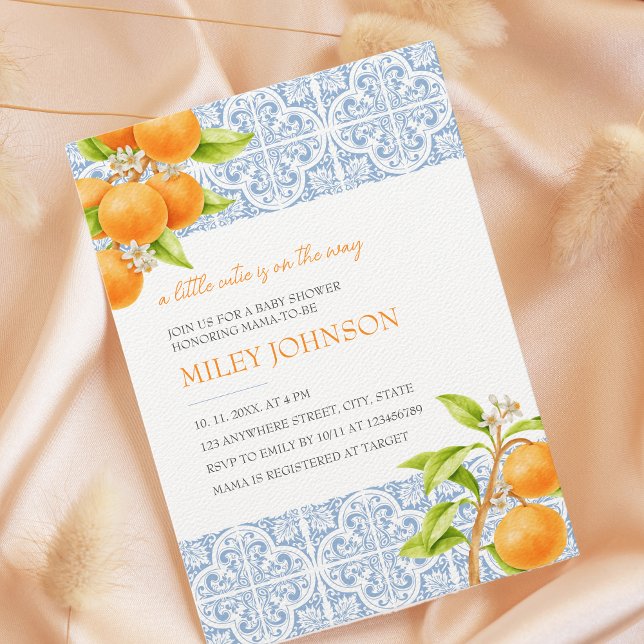 Little Cutie Mediterranean Tile Orange Baby Shower Inbjudningar (Little cutie is on the way)