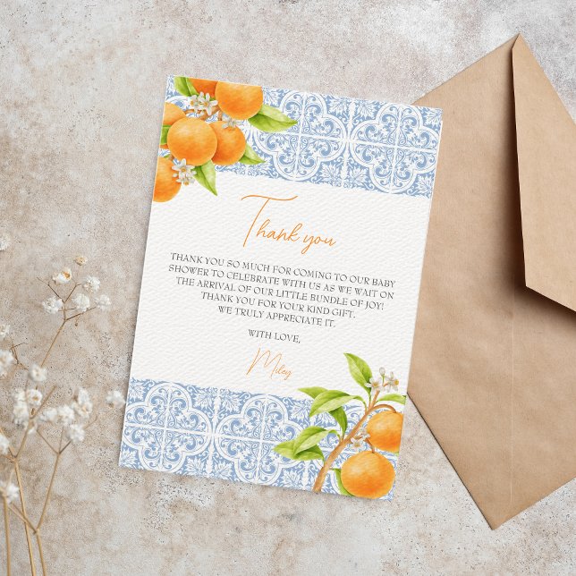 Little Cutie Mediterranean Tile Orange Baby Shower Tack Kort (thank you, little cutie baby shower)