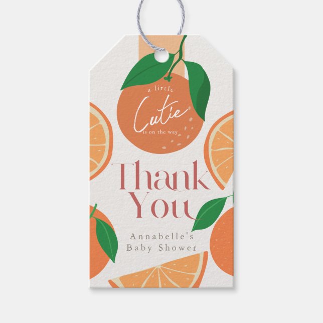 Little Cutie Modern Orange Baby Shower Presentetikett (Framsidan)