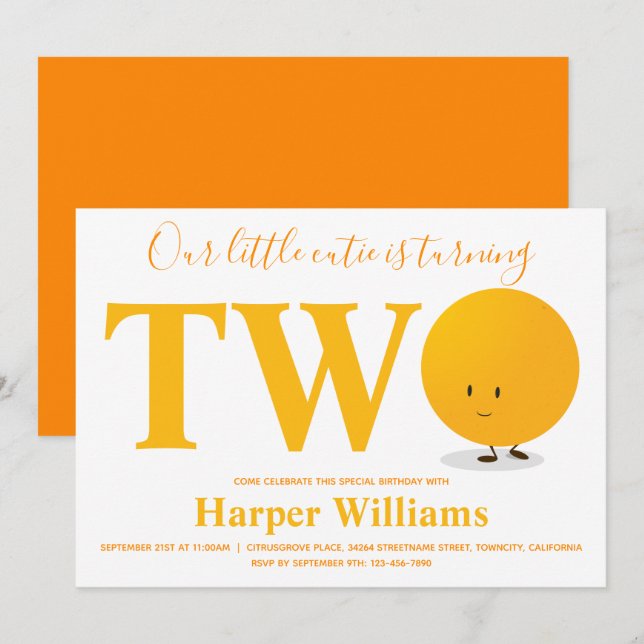 Little Cutie Orange 2:a födelsedagsinbjudan Inbjudningar (Fram/baksida)