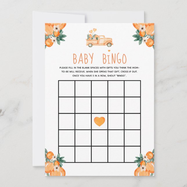 Little Cutie Orange Baby Shower Baby Bingo Inbjudningar (Framsida)