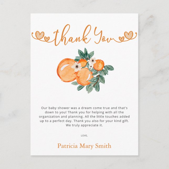 Little Cutie Orange Baby Shower Tack Vykort (Framsida)