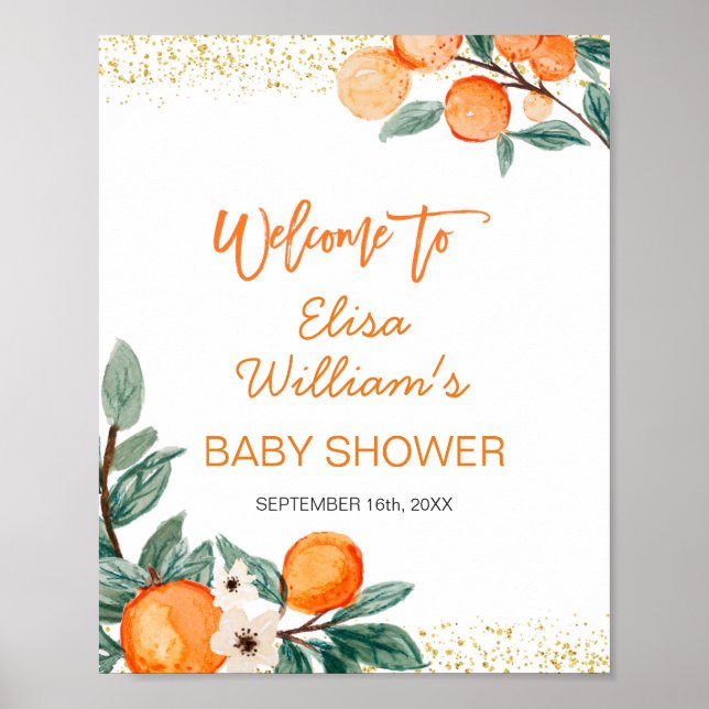 Little Cutie Orange babydusch Välkomstskylt Poster (Framsidan)
