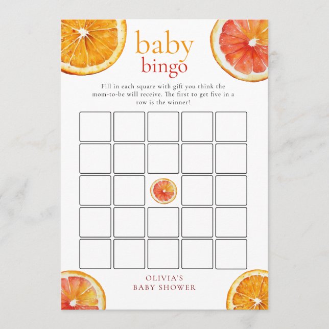 Little Cutie Orange Bingo Baby Shower Game Card Inbjudningar (Framsida)
