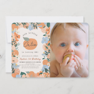 Little Cutie Orange Blommigt 1:a födelsedagsfoto Inbjudningar