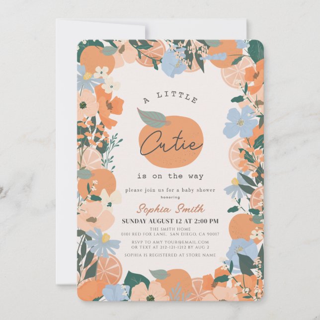Little Cutie Orange Blommigt Baby Shower Inbjudningar (Framsida)