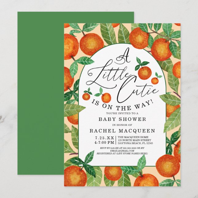 Little Cutie Orange Botanical Fruit Baby Shower Inbjudningar (Fram/baksida)