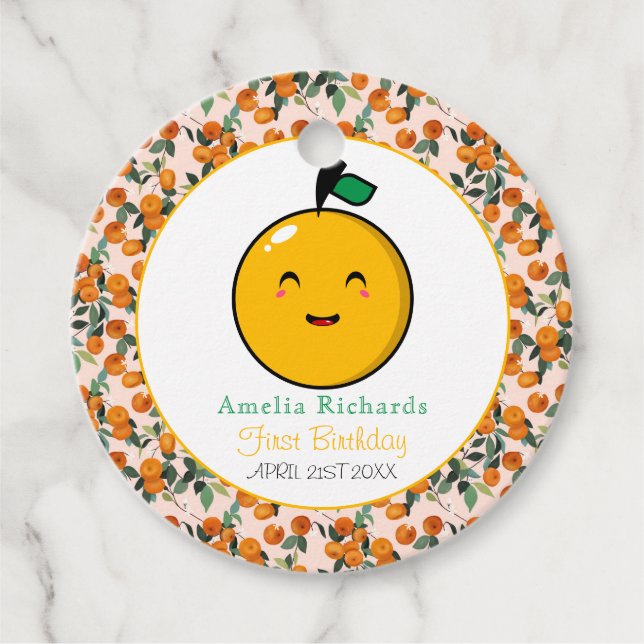 Little Cutie Orange Citrus 1st Birthday Gåvor Etiketter (Framsida)