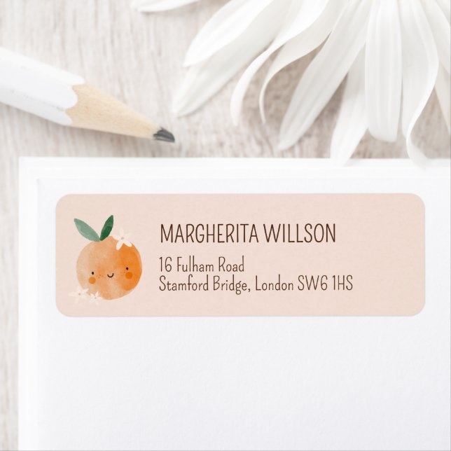 Little Cutie Orange Citrus Botanical Baby Shower Returadress Etikett (Insitu)