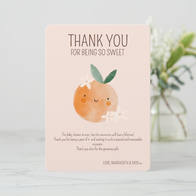 Little Cutie Orange Citrus Botanical Baby Shower Tack Kort (Stående Fram)