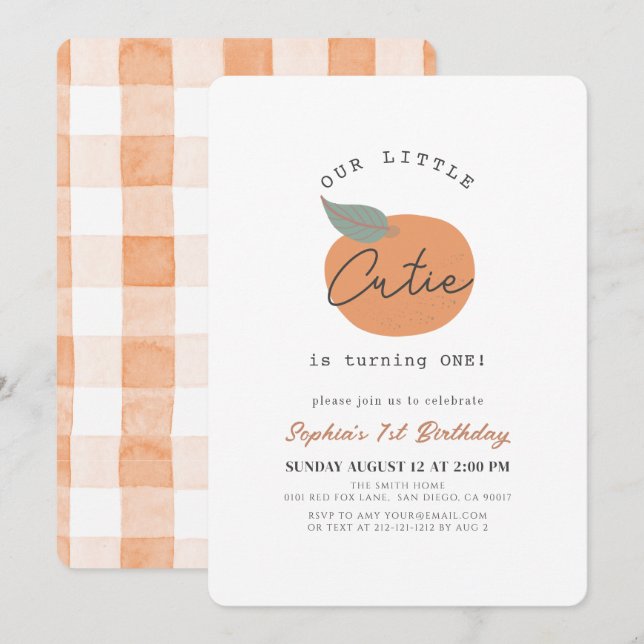 Little Cutie Orange Clean 1 Birthday Inbjudningar (Fram/baksida)