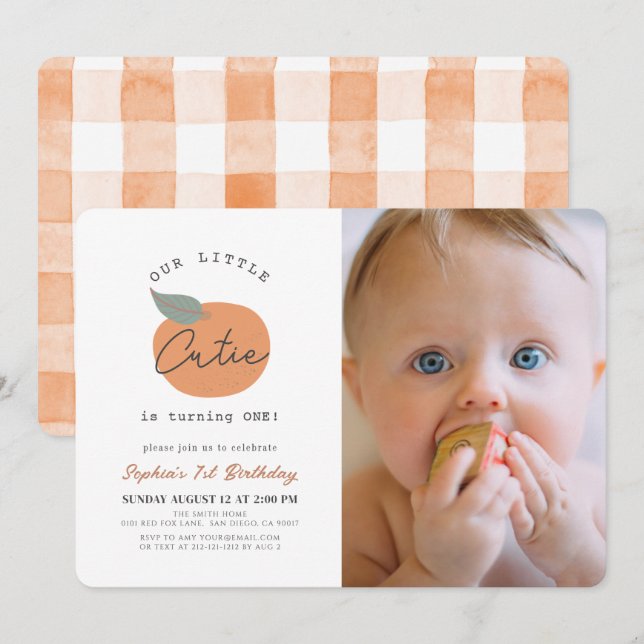Little Cutie Orange Clean 1 Birthday Photo Inbjudningar (Fram/baksida)