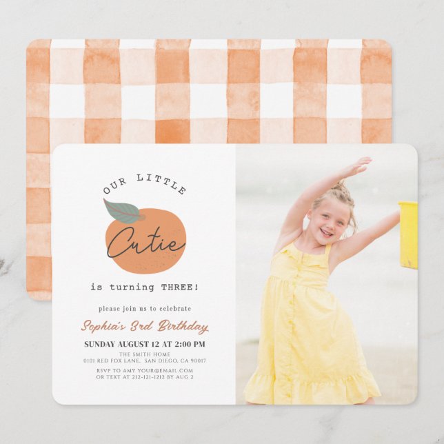 Little Cutie Orange Clean Birthday Photo Inbjudningar (Fram/baksida)