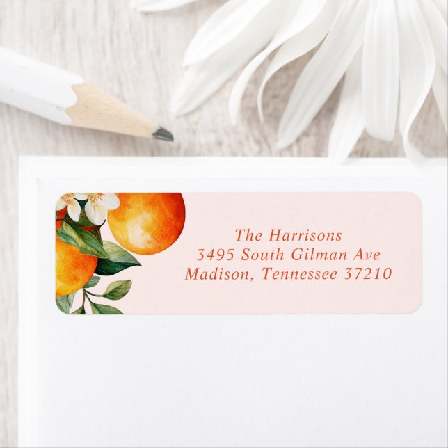 Little Cutie Orange Clementine Baby Shower Adress Returadress Etikett (Insitu)