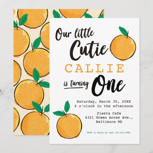 Little Cutie Orange First Birthday-inbjudan Inbjudningar (Fram/baksida)