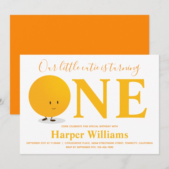 Little Cutie Orange Första födelsedagsinbjudan Inbjudningar (Fram/baksida)