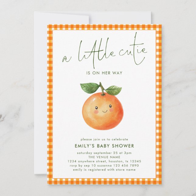 Little Cutie Orange Gingham Girl Baby Shower Inbjudningar (Framsida)