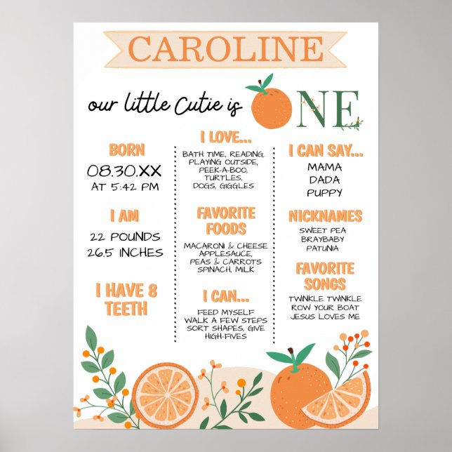 Little Cutie Orange Girls First Birthday Milestone Poster (Framsidan)