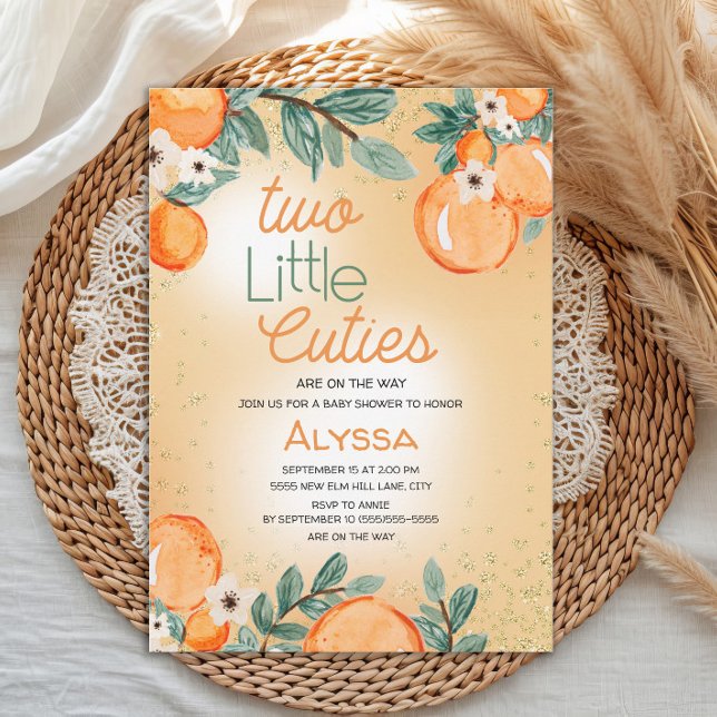 Little Cutie Orange Green Twin Baby Shower Inbjudningar (Two Little Cuties twin baby shower invitation)