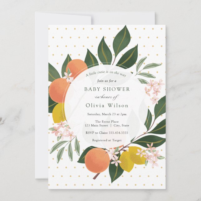 Little Cutie Orange och Greenery Baby Shower Inbjudningar (Framsida)