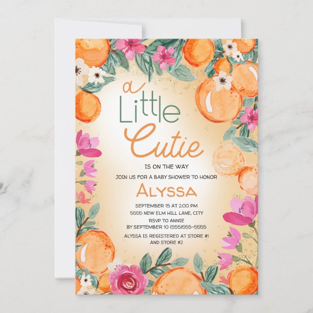 Little Cutie Orange Rosa Blommigt Baby Shower Inbjudningar (Framsida)