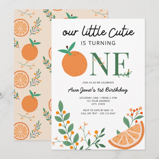 Little Cutie Orange Theme First Birthday Inbjudningar (Fram/baksida)