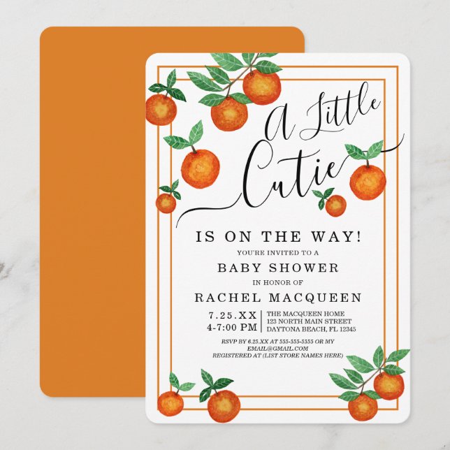 Little Cutie Oranges Fruit Gräns Baby Shower Inbjudningar (Fram/baksida)