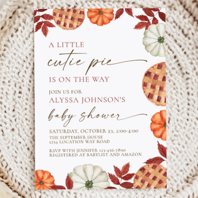 Little Cutie Paj Baby Shower-inbjudan Inbjudningar (Fall baby shower invitation reads "a little cutie pie is on the way," featuring watercolor fall art)