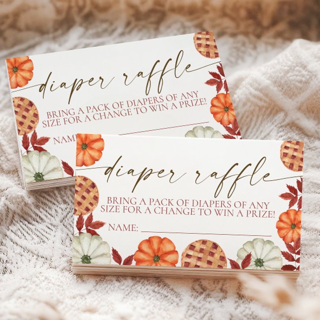 Little Cutie Paj Diaper Raffle-höljeskort Tilläggskort (Fall baby shower diaper raffle tickets with watercolor pumpkins, pies, and fall leaves)
