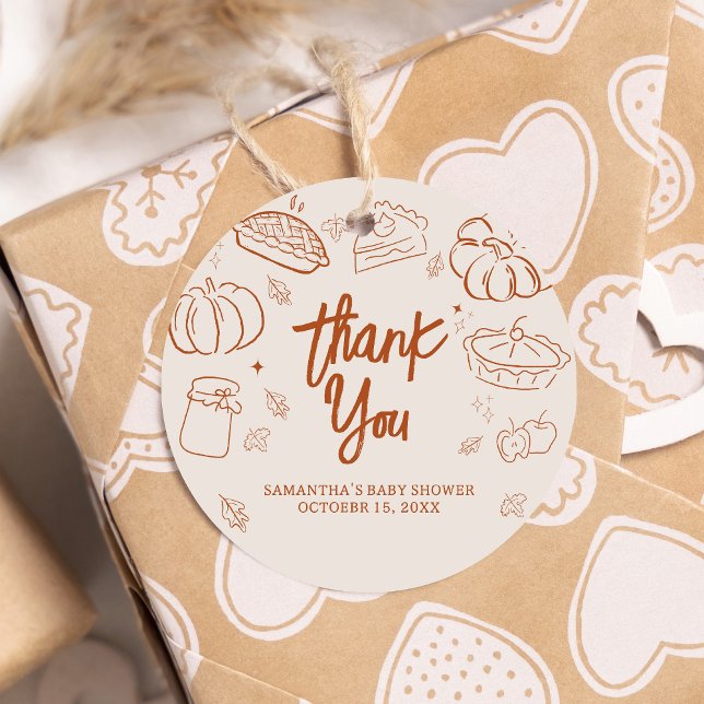 Little Cutie Paj Fall Baby Shower Round Gåvor Etiketter (Hand Drawn Little Cutie Pie Baby Shower Favor Tags)