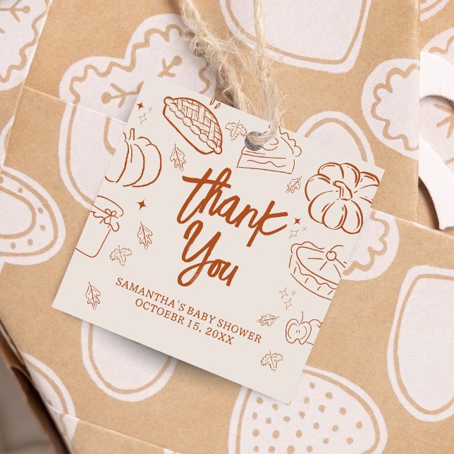 Little Cutie Paj Fall Baby Shower Square Gåvor Etiketter (Hand Drawn Little Cutie Pie Baby Shower Favor Tags )