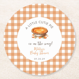 Little Cutie Paj Fall Pumpkin Gingham Baby Shower Underlägg Papper Rund